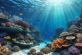 Subaquatic Canvas: Underwater Landscape Showcasing Clay-Textured Coral Reefs in a 3D Background Design, a Myriad of Sea Wonders