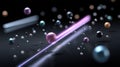 Subatomic particles colliding on glowing path in dark space Royalty Free Stock Photo