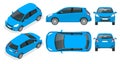 Subcompact blue hatchback car. Compact Hybrid Vehicle. Eco-friendly hi-tech auto. Easy color change. Template isolated