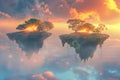 Subconscious dreamscape, floating islands, twilight, panoramic view, ethereal glow