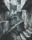 Subconscious maze, endless stairs, overcast, wide lens, muted palette, eerie stillness