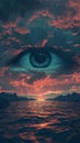 Subconscious vision, eyes in sky, dusk, surreal colors, wide angle, deep perspective