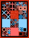 Subdivided grid system with symbols. Randomly sized objects with fixed space between. Futuristic minimalistic colorful