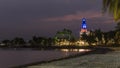 Subic, Philippines - SBMA Beach at sundown. The scenic Lighthouse Marina Resort lit at night