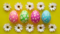Subject Colorful Easter eggs with spring flowers, top view background Royalty Free Stock Photo
