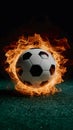 Subject Soccer ball surrounded by fiery flames in dramatic illumination Royalty Free Stock Photo