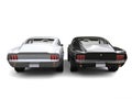 Sublime metallic silver and black American vintage cars - back view