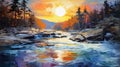 Sublime Wilderness A Colorful And Energetic Artwork Of A River At Sunrise