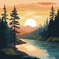 Sublime Wilderness: Graphic Illustration Of A Canoe On A River Royalty Free Stock Photo