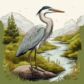 Sublime Wilderness: Heron\'s Illustration On The River Bank