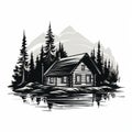 Sublime Wilderness: Monochrome Ink Cabin Near Lake