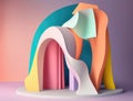 Sublimely cascading fabric in a vibrant arch. Podium, empty showcase for packaging product presentation, AI generation