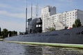 submarine on the banks of the river as a museum exhibit Royalty Free Stock Photo