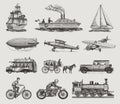 Submarine, boat and car, motorbike, Horse-drawn carriage. Airship or dirigible, air balloon, airplanes corncob Royalty Free Stock Photo