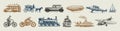 Submarine, boat and car, motorbike, Horse-drawn carriage. Airship or dirigible, air balloon, airplanes corncob Royalty Free Stock Photo