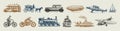 Submarine, boat and car, motorbike, Horse-drawn carriage. Airship or dirigible, air balloon, airplanes corncob