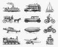 Submarine, boat and car, motorbike, Horse-drawn carriage. Airship or dirigible, air balloon, airplanes corncob