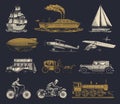 Submarine, boat and car, motorbike, Horse-drawn carriage. Airship or dirigible, air balloon, airplanes corncob Royalty Free Stock Photo