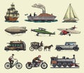 Submarine, boat and car, motorbike, Horse-drawn carriage. Airship or dirigible, air balloon, airplanes corncob Royalty Free Stock Photo