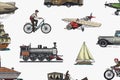 Submarine, boat and car, motorbike, Horse-drawn carriage. Airship or dirigible, air balloon, airplanes corncob Royalty Free Stock Photo