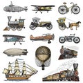 Submarine, boat and car, motorbike, Horse-drawn carriage. airship or dirigible, air balloon, airplanes corncob