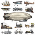 Submarine, boat and car, motorbike, Horse-drawn carriage. airship or dirigible, air balloon, airplanes corncob Royalty Free Stock Photo