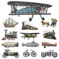 Submarine, boat and car, motorbike, Horse-drawn carriage. airship or dirigible, air balloon, airplanes corncob Royalty Free Stock Photo