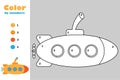 Submarine in cartoon style, color by number, education paper game for the development of children, coloring page, kids preschool