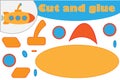 Submarine in cartoon style, education game for the development of preschool children, use scissors and glue to create the applique