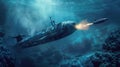 Submarine firing a torpedo underwater created with Generative AI. Battle ship of the navy.