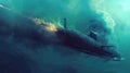 Submarine firing a torpedo underwater created with Generative AI. Battle ship of the navy.