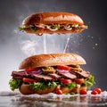 Submarine giro sub sandwich, dynamic food photo