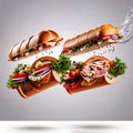 Submarine giro sub sandwich, dynamic food photo