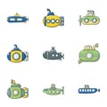 Submarine icons set, cartoon style