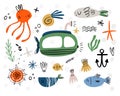 The submarine and the inhabitants of the ocean: fish, octopus, shells. Vector set of elements for your design. Doodle