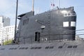 submarine on the banks of the river as a museum exhibit