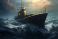 Submarine navigates the stormy sea, a silent warrior beneath waves