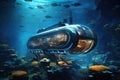 Submarine in Ocean Surrounded by Fish, Underwater Encounter With Marine Life, The submarine of the future will be underwater next Royalty Free Stock Photo