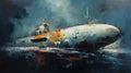 Submarine Painting In Dark Aquamarine And Orange By Yevgeny Zhukov