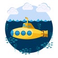 Submarine with periscope, fishes and bubbles, underwater boat