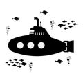 Submarine with periscope, fishes and bubbles, underwater boat
