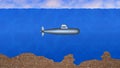 Submarine in sea against blue water background. Mountains on ocean floor. Sky and clouds above.  3d rendering Royalty Free Stock Photo