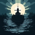 Submarine Silhouette: Retro Image Of Night Time With Multilayered Realism Royalty Free Stock Photo