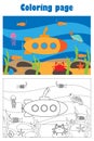 Submarine under water in cartoon style, summer coloring page, education paper game for the development of children, kids preschool Royalty Free Stock Photo