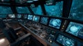 Submarine underwater exploration vessel control room with advanced technology and navigation systems display 100 Royalty Free Stock Photo