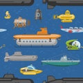 Submarine vector sea pigboat or marine sailboat yellow underwater and ship transport ships and boats in deep ocean