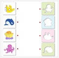 Submarine, whale, coral and octopus. Educational game for kids a