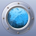 Submarine window view. Porthole round from underwater Royalty Free Stock Photo