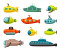 Submarines and bathyscaphes set. Red vehicle with robotic arms and military with scanning antennas yellow scuba floats