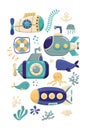 Submarines and marine inhabitants. Coloring. Designed for printing, fabrics, textiles, postcards. Marine print. Submarine. Vector